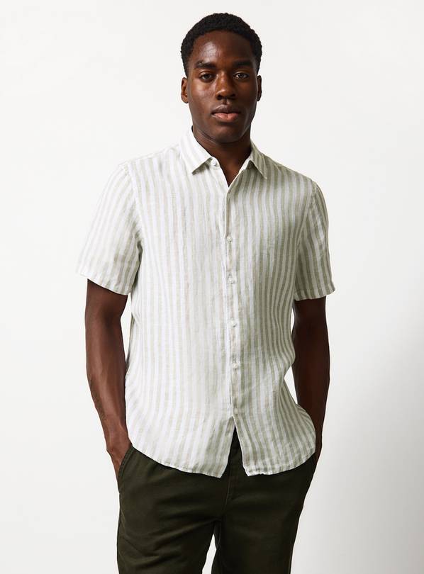 Light Green Linen Stripe Short Sleeve Shirt L